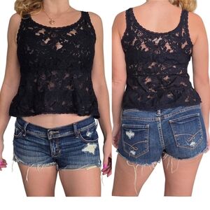 VTG Y2K Hollister Black Tank Top Mesh Lace Semi Sheer LOGO Sz XS Peplum Goth